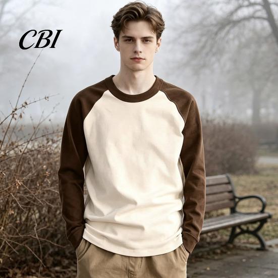 Men Raglan Block Shirt Shirt, Long Sleeve Crew Neck T-shirt, Warm Layering Tees for Casual Pullover Base Layer Autumn Winter Regular Fit