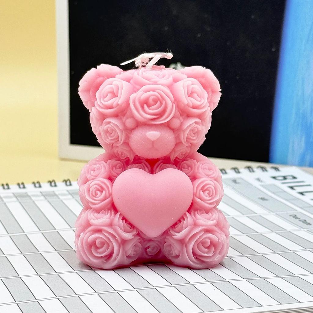 Handmade Pink Rose Bear Candle Heart Cute Aromatherapy Candle Romantic Gift for Girlfriend Home Decoration Anniversary Party