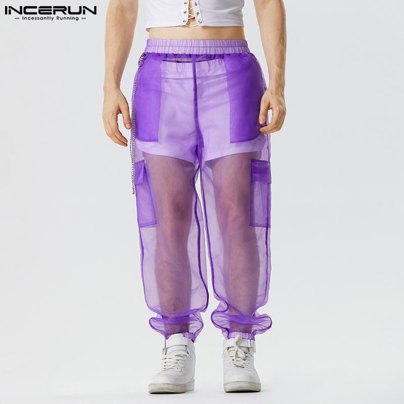 INCERUN Mesh Men See Through Elastic Wiast Cargo Long Pants