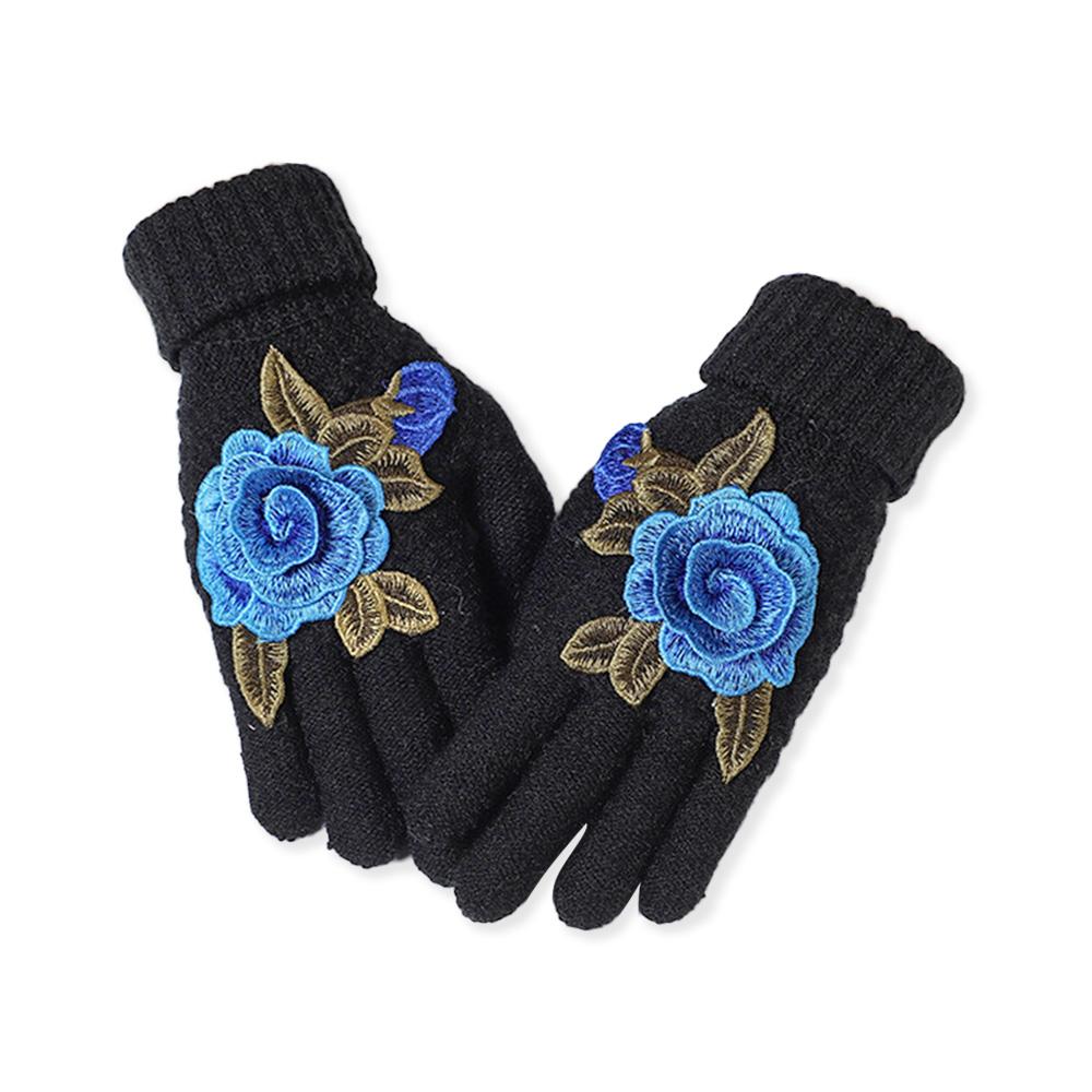 Soft Winter Gloves Embroidered Flower All Finger Gloves Knitted Gloves  Outdoor Cycling Driving