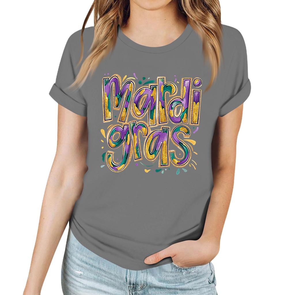 Women's Casual Carnival Print T-Shirt Round Neck Pullover Short Sleeve Top