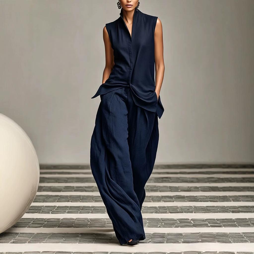 1116 European and American new solid color stand-up collar sleeveless casual top and loose trousers women's clothing