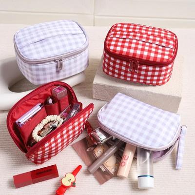 Cute Red Purple Plaid Handbag for Women, Portable Travel Makeup Pouch, Small Large Toiletry Cosmetic Bag with Zipper