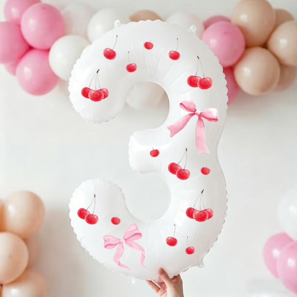Palloncino digitale bianco da 32 pollici decorato con adesivi di ciliegie e adesivi con fiocchi per feste di compleanno e anniversari