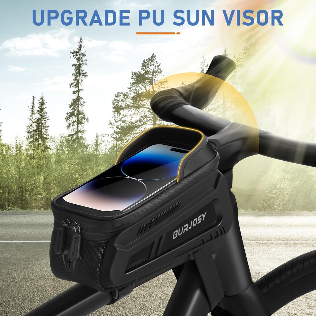 BURJOSY Waterproof Bicycle Bag with TPU Touch Screen Sun Bicycle Smartphone Bicycle Accessory Compatible with Cell Phones Under 7 Inches & Visor,