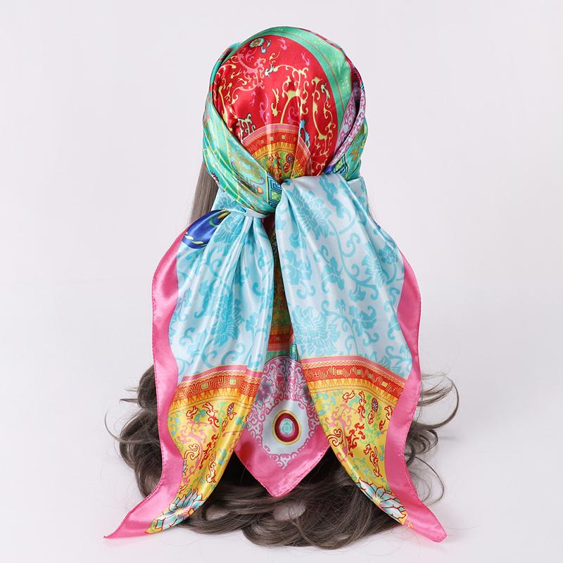 Satin Square Scarf for Women Muslim Hijab Elegant Print Silk Neckerchief Shawl Wraps Headband Bag Handle Bandana Islamic Turban