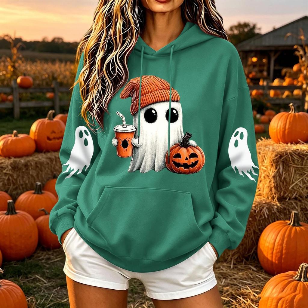 Women's Fashion Casual Long Sleeve Loose Fit Halloween Print Hooded Pullover Sweatshirt