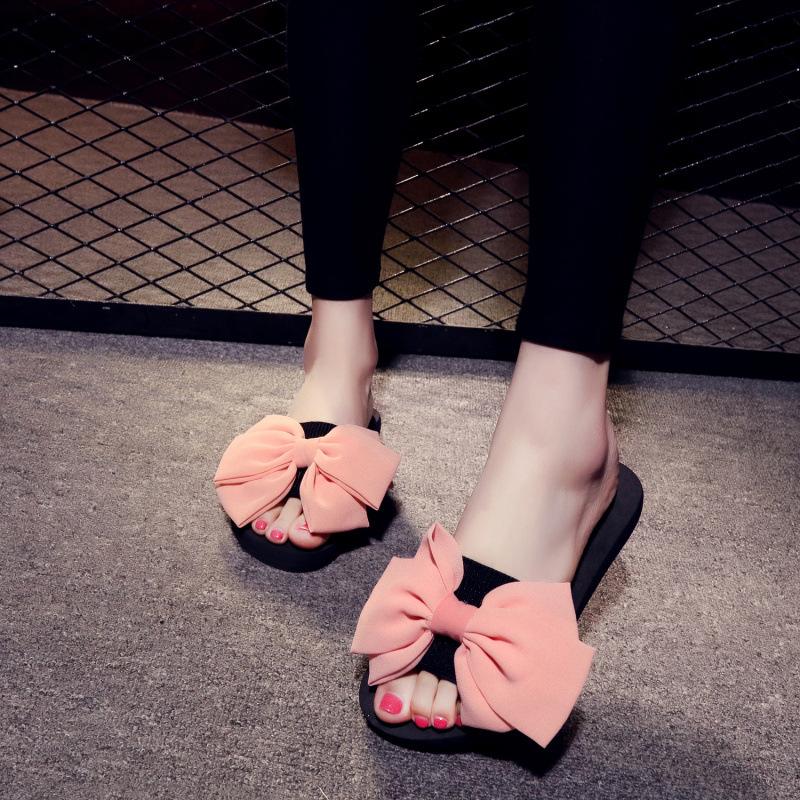 Bowknot Slippers Women Fashion Summer High Heels Thick Sole Anti Slip Slope Heel Outdoor Beach Cool Slippers Sandals Women