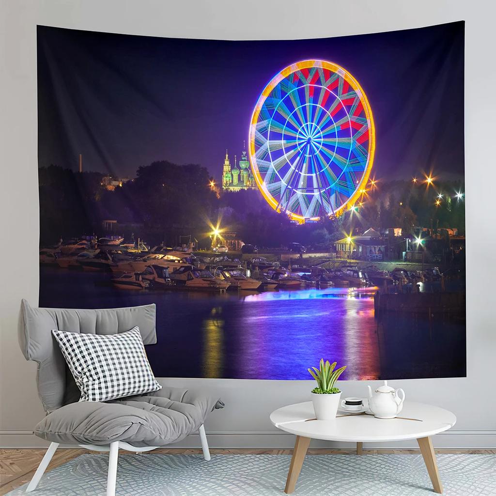 Paris Night View Tapestry Eiffel Tower Tapestry Ferris Wheel Tapestry Art Wall Hanging Home Living Room Bedroom Dorm Tapestries