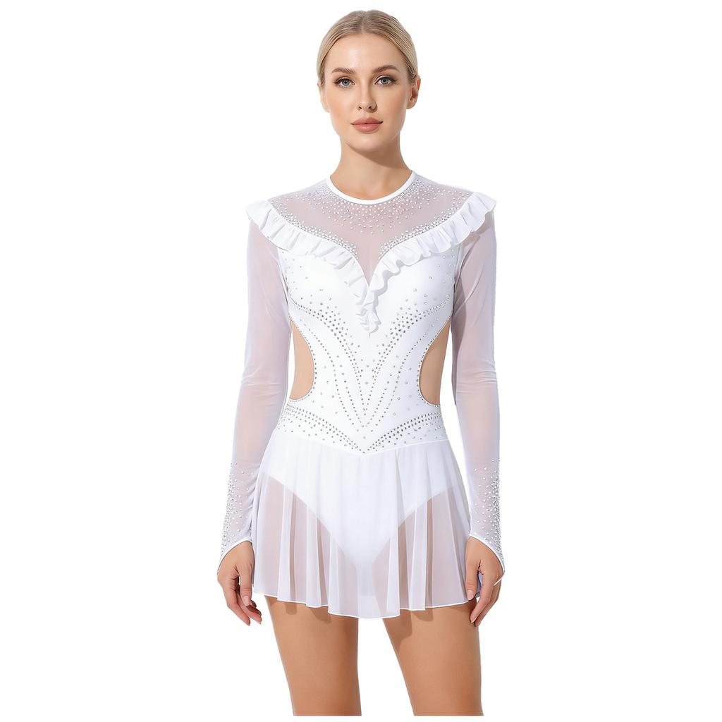 Dámský síťovaný trikot s kamínky Dlouhý rukáv Volánkové lemy Síťovaná sukně Body Šaty Jumpsuit pro krasobruslení