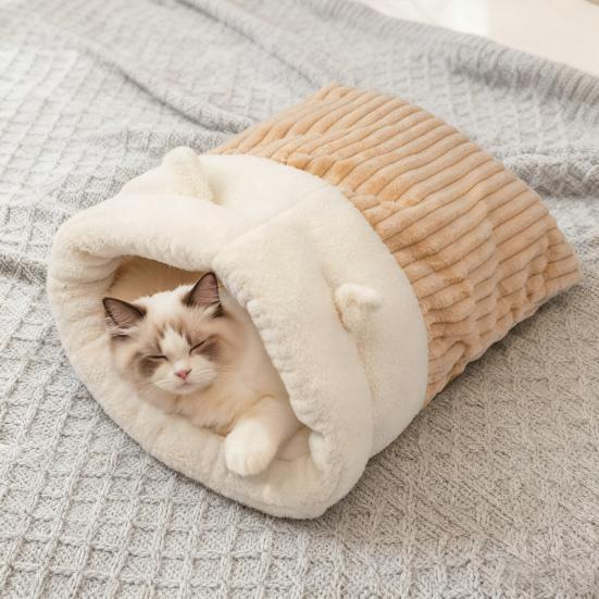 Winter Cat Sleeping Bag Warm Plush Cat Sack with Cute Ears Cozy Cats Cave Bed Pet Hideaway Tunnel Calming Bed for Puppies Kittens Small Pets