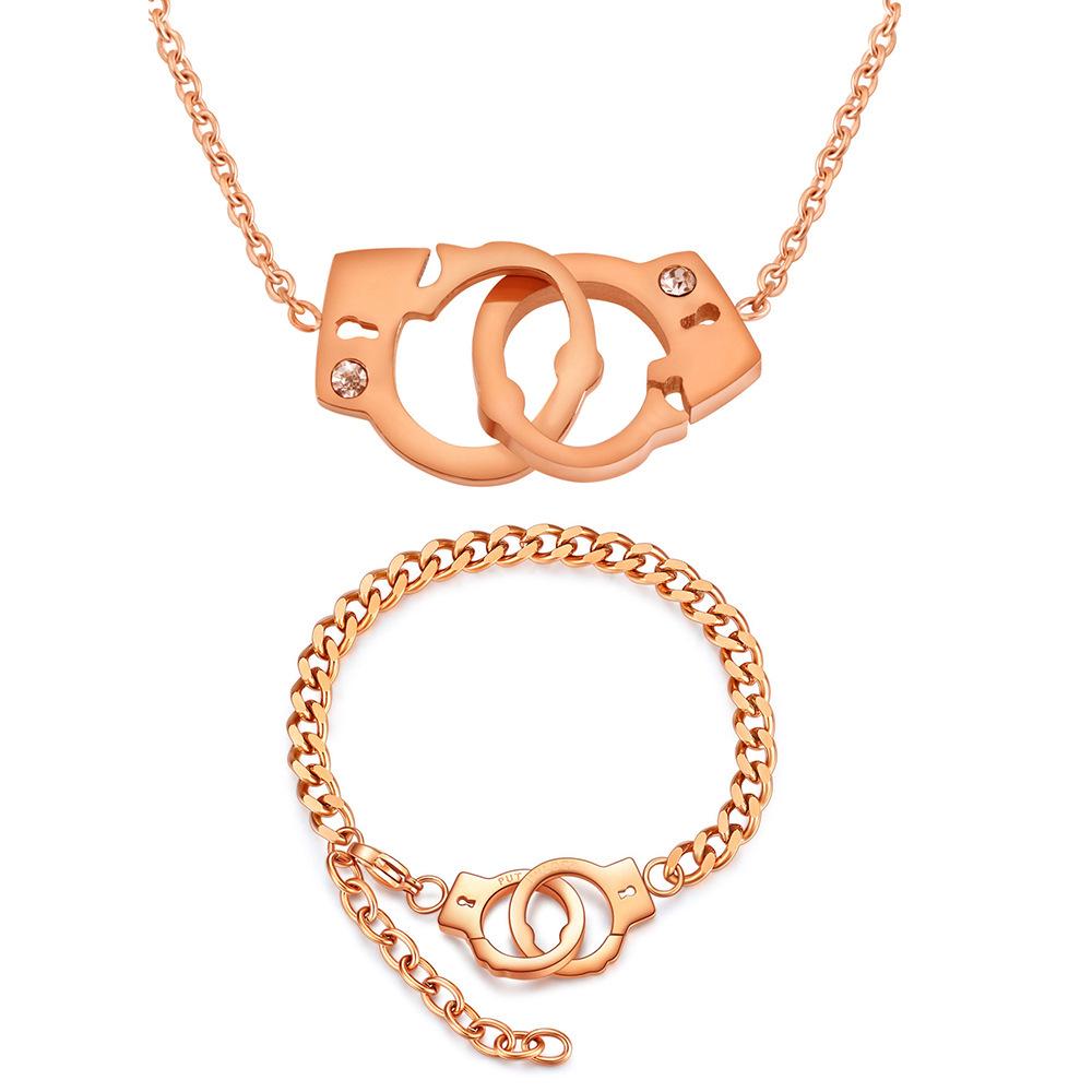 Stainless Steel Fashion Handcuff Necklace & Interlocking Bracelet Set for Women