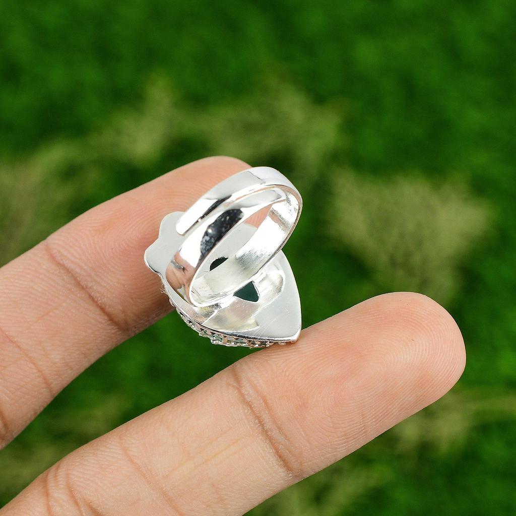 925 Sterling Silver Pear Natural Larimar Mother Statement Bezel Anniversary Ring