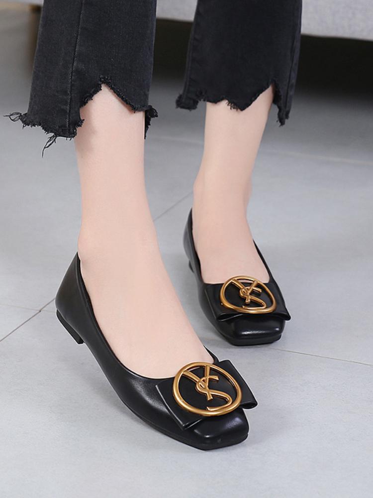 Fashion Spring Shallow Square Toe Flats Casual Shoes Women Metal Letters Slip Comfort Shoes Black for Lady Flat Shoes Largr Size 43 44