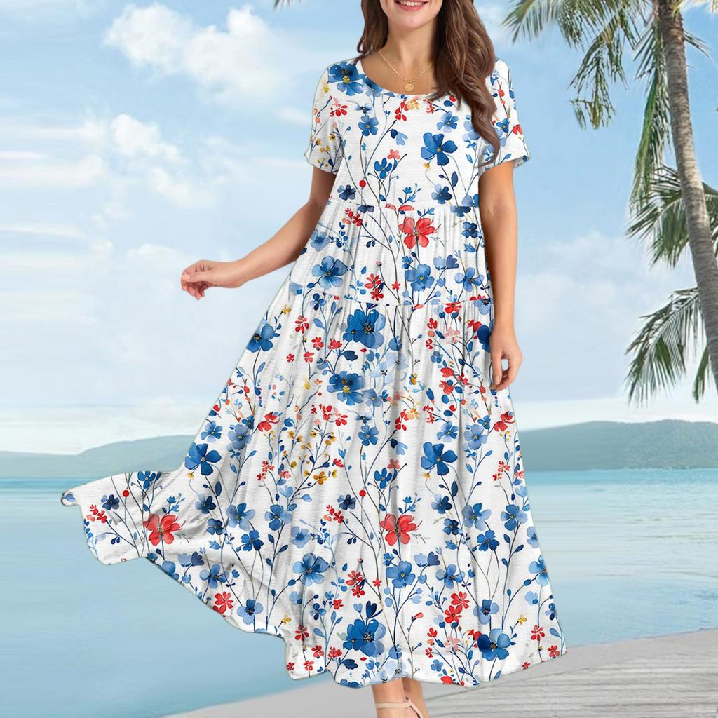 Damen Lässiges Lockeres Böhmisches Kleid mit Blumenmuster und Kurzen Ärmeln