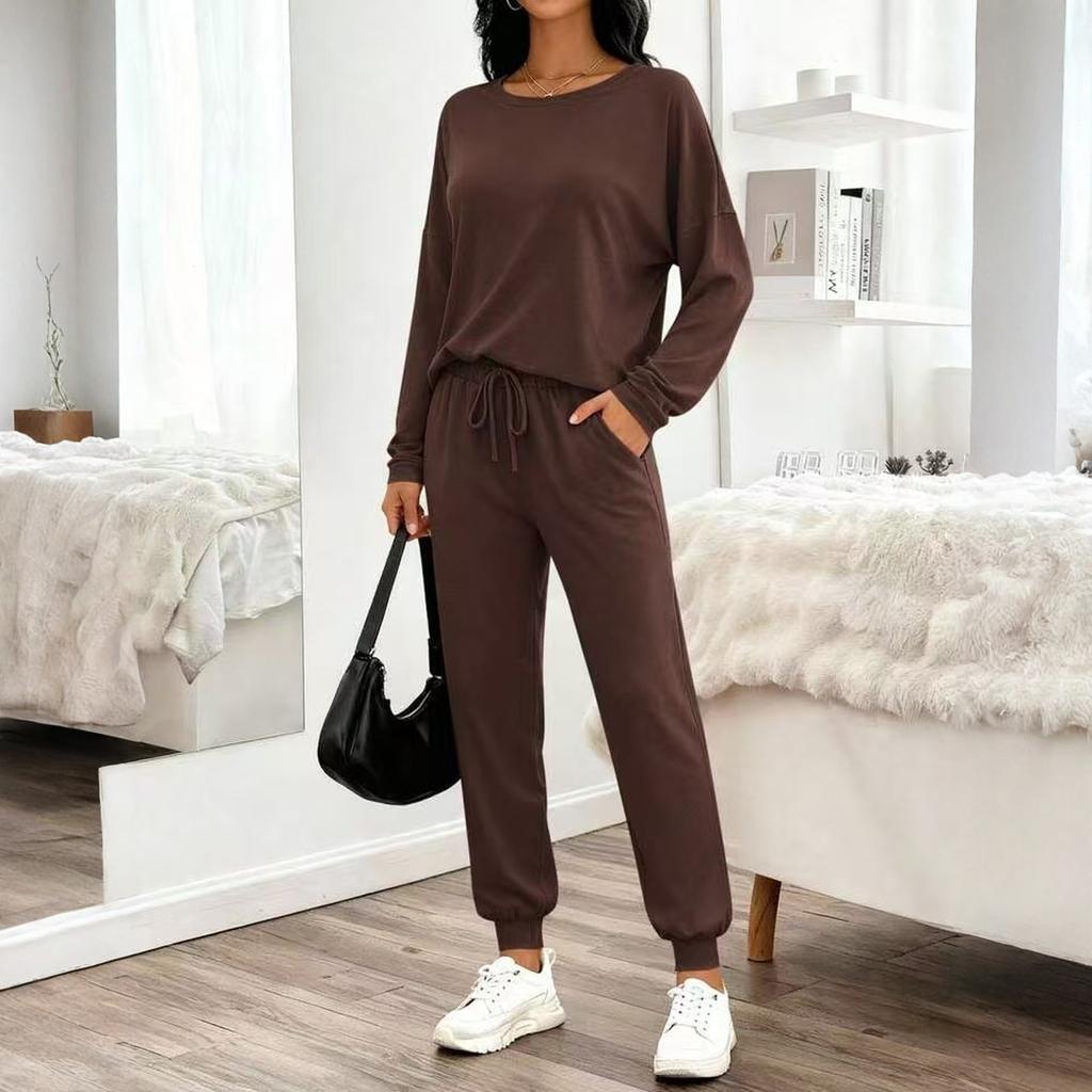 Damen Zweiteiler Langarm-Oberteil und Hose mit Kordelzug Lässiges Lounge-Outfit Weicher Stoff Lockere Passform für den täglichen Gebrauch