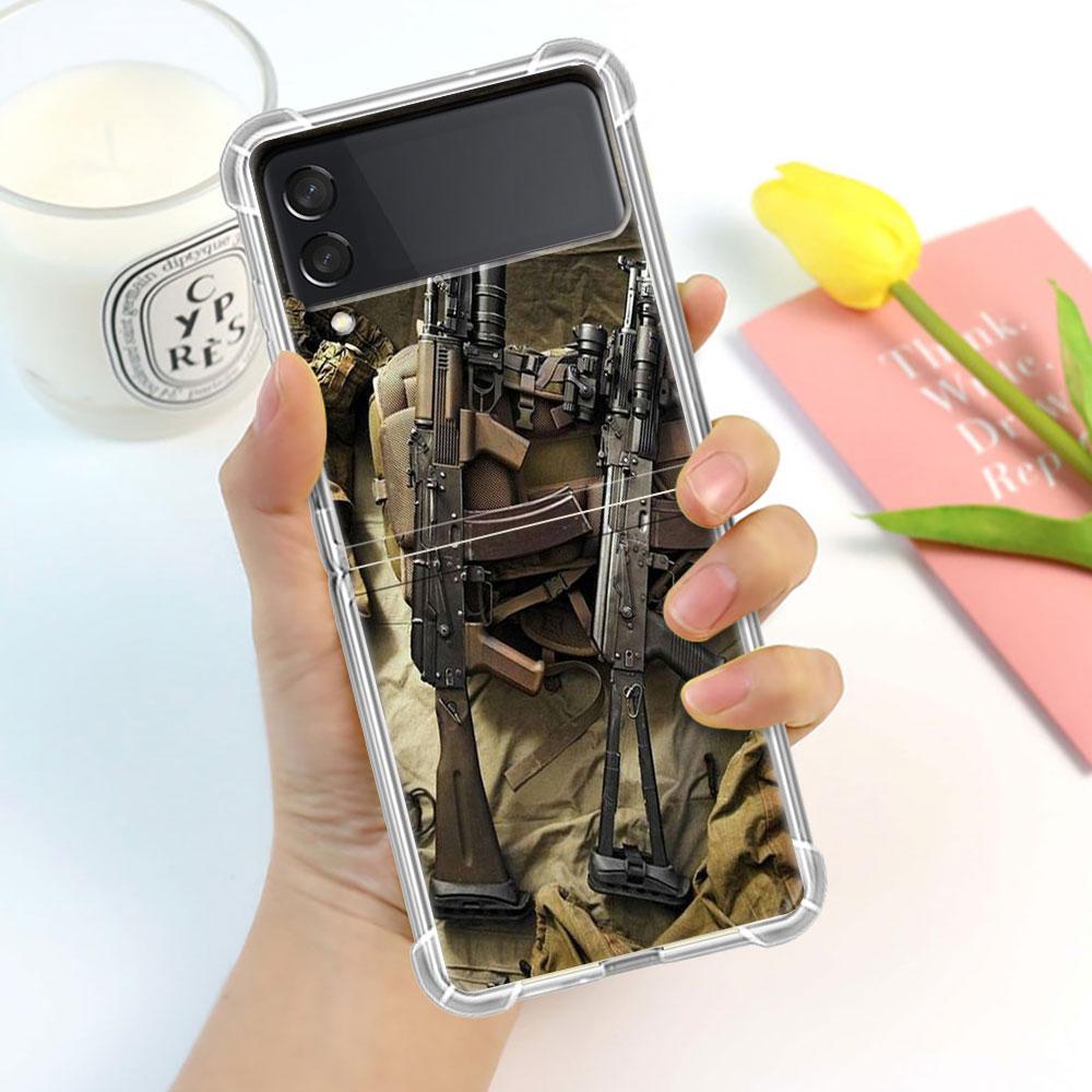 Luxury Case For Samsung Galaxy Z Flip 3 4 5G Funda Z Flip3 Clear PC Hard Shockproof Back Phone Shell AK47 Handgun Gun BUllets