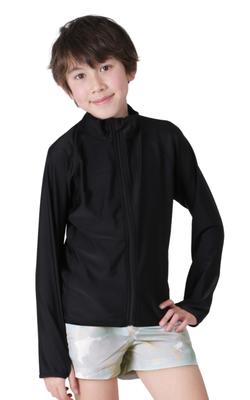 Rash Guard Kicks pour enfants, sans capuche, maillot de bain zippé sur toute la longueur, KJR-220, Noir, Taille 130, Junior, Garçons et Filles, Maillot de bain scolaire, Noir