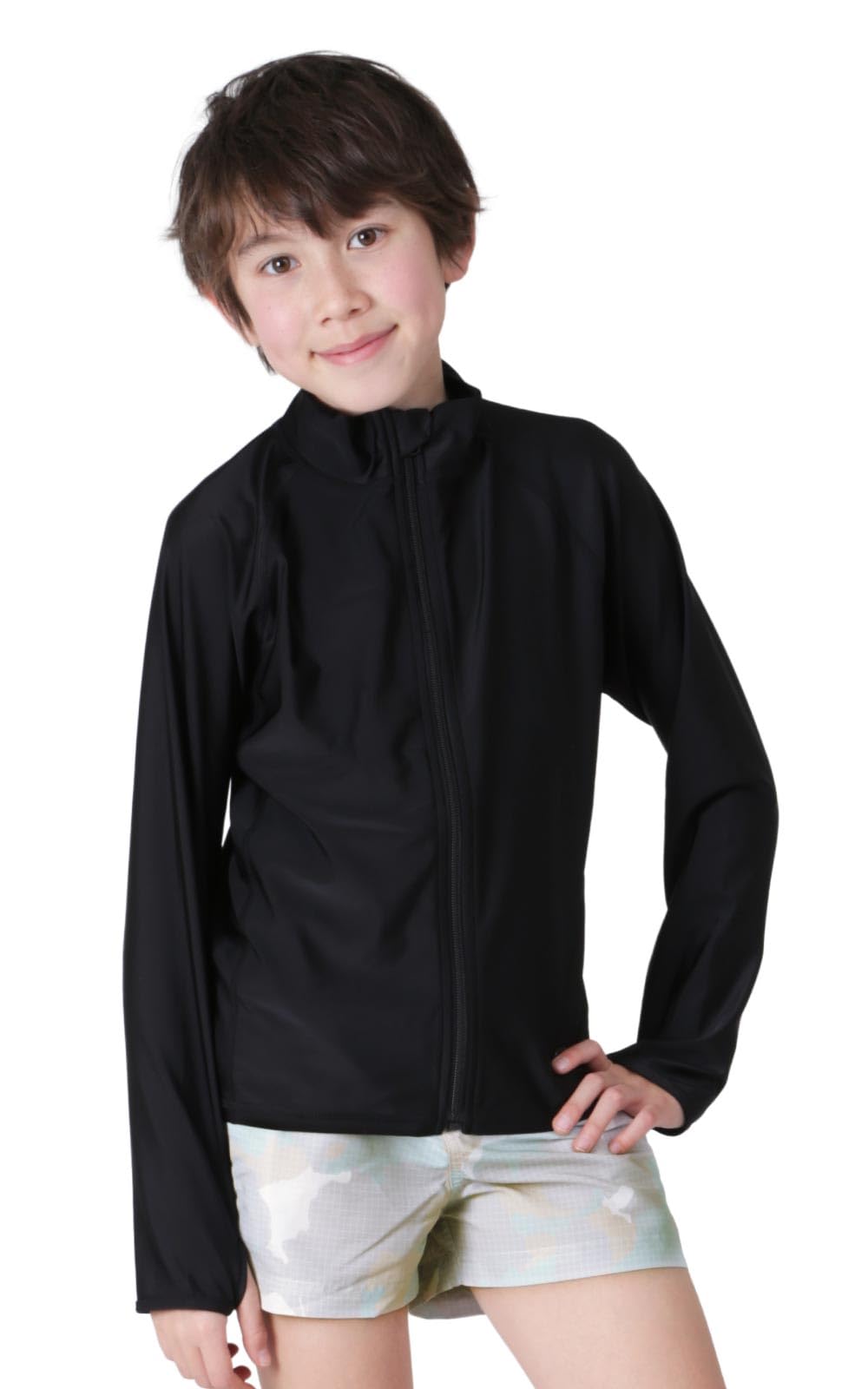

Kicks Kids Rash Guard, Hoodless, Full-Zip Swimsuit, KJR-220, Black, Size 130, Junior, Boys and Girls, School Swimsuit, Black