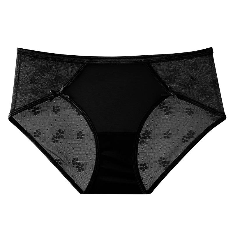 

Легкие женские кружевные трусики с высокой посадкой из сатина с ластовицей из чистого хлопка и бантиком - Бесшовные трусы средней посадки Extra Large чёрный