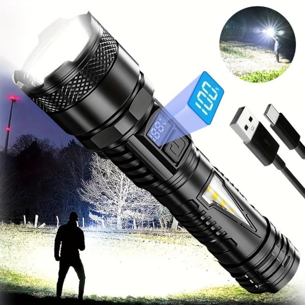 Rechargeable LED Flashlight Portable Flashlight Intelligent Power Display for Outdoor Camping Fishing Hiking Cycling Mountaineering