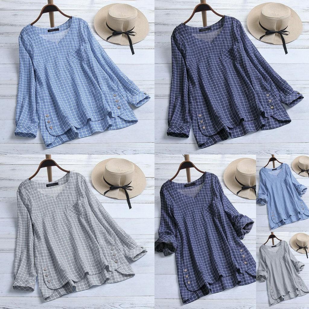 Women's Long Sleeve Plaid Check Shirt Tops V Neck Casual Asym Hem Blouse For Everyday Elegance