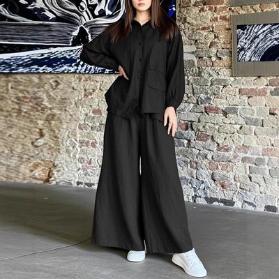 New Loose Plain-color Long-sleeved Shirt Set with Retro Casual Wide-leg Pants Two-piece Set