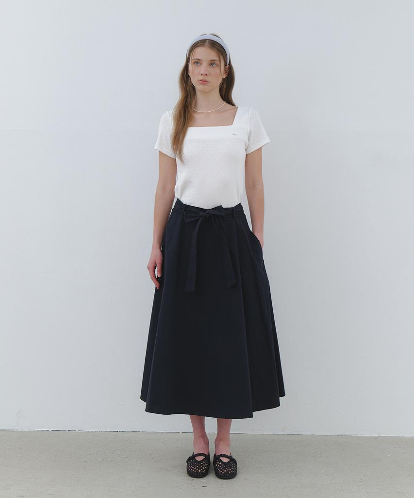 CLUNY Wide Tie Flare Long Skirt - Navy