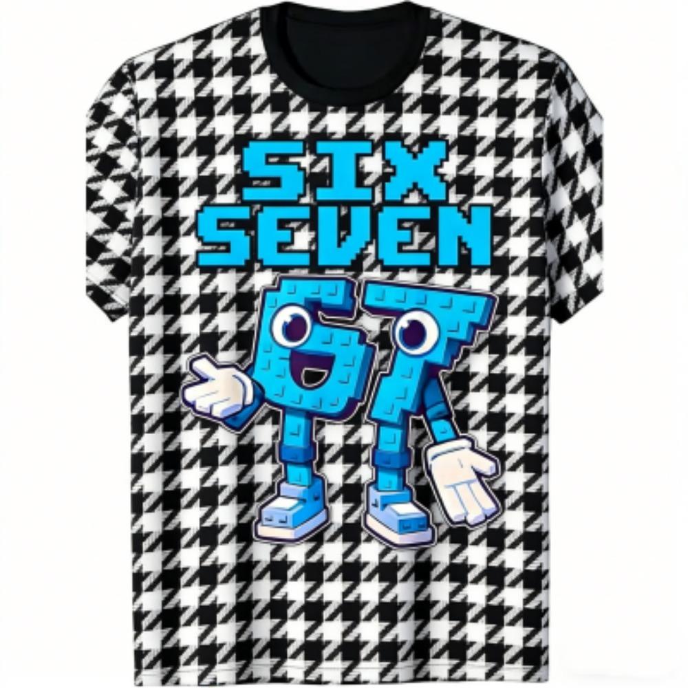 Fashion Kids T-Shirt 67 Six Seven Grid Print Boy and Girl Tees Top Summer Short Sleeve O Neck Casual Outdoor Kids Clothing