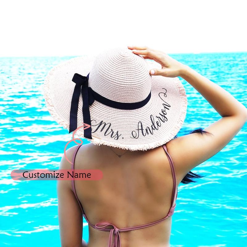 

Personalized Summer Beach Floppy Sun Hat Wedding Bachelorette Party Bridal Shower Honeymoon Travel Decorations Future Mrs Gifts