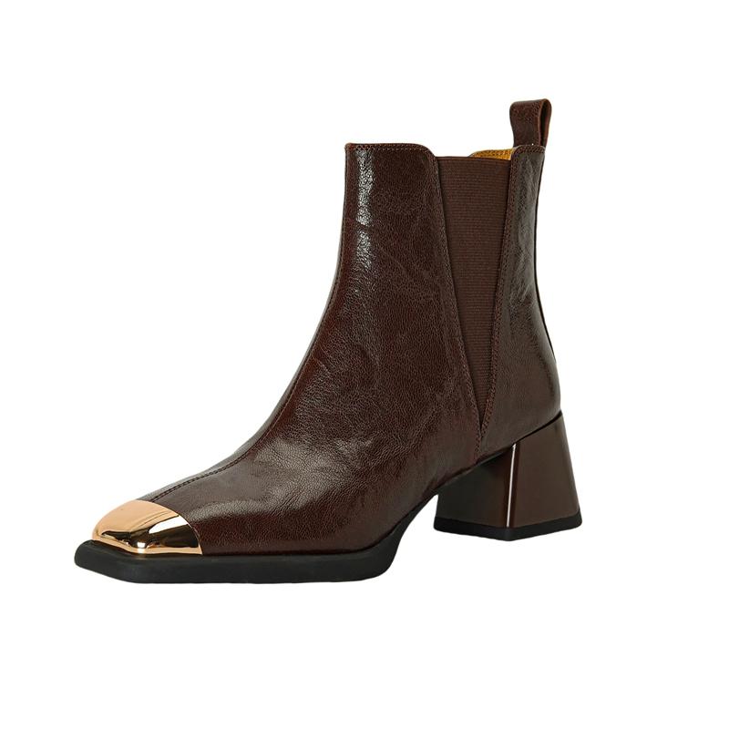 Fashion Women's new autumn square toe leather sheepskin metal high-heeled plus size and calf elastic retro fashion short boots