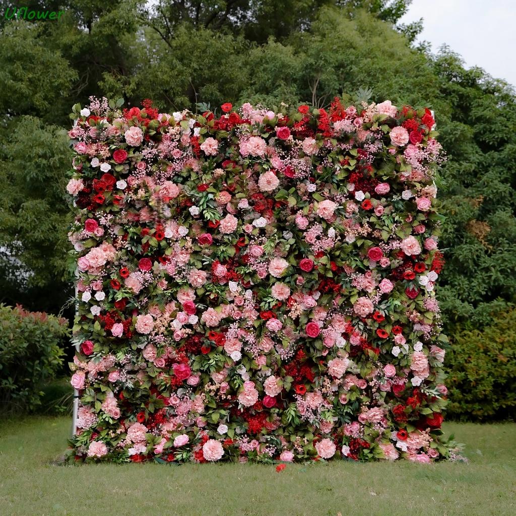 Uflower Artificial Flower Wall Roll-Up Green Fabric Floral Backdrop - Wedding Event Party Decor Curtain