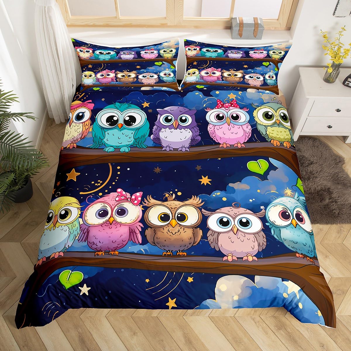 

Owl Duvet Cover Set Woodland Bird Boho Design Decorative Bedding Set Animal Style Polyester Single Queen Size Comforter Cover (135x200cm)