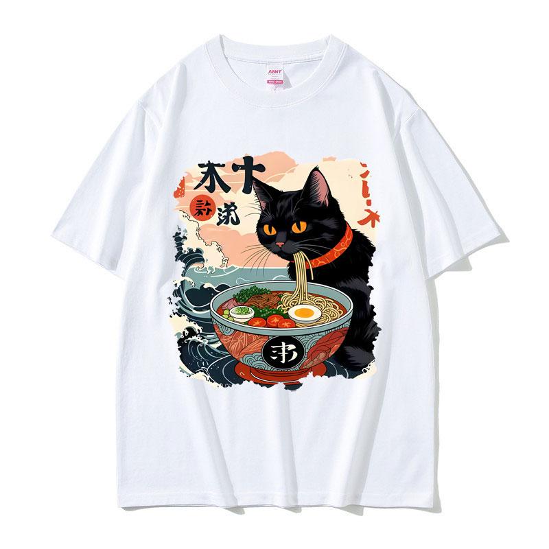 2025 Sommer Lustige Anime Ramen Katze Meme Vintage Japanisch Kawaii Nudelkatzen Grafik T-Shirts Herren Damen 100% Reine Baumwolle T-Shirt