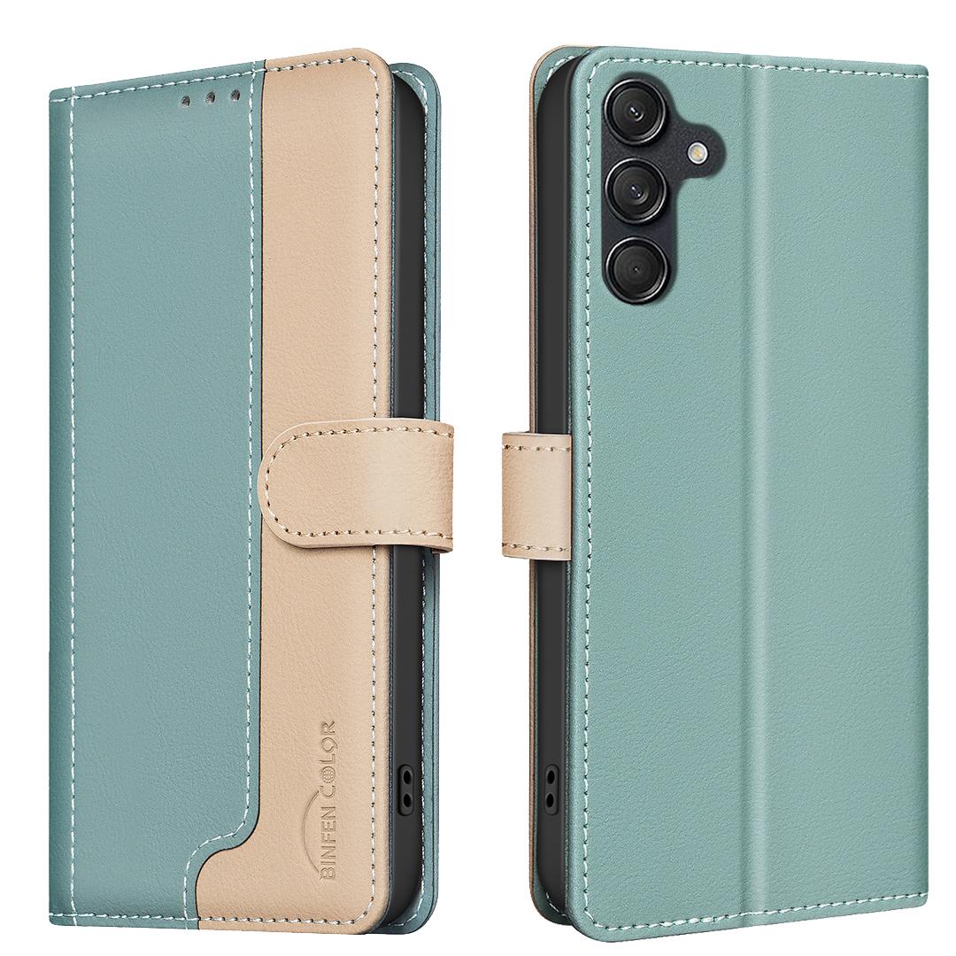 

For Samsung Galaxy M36 5G Leather Case BINFEN COLOR Splicing Color RFID Blocking Wallet Stand Phone Cover Green