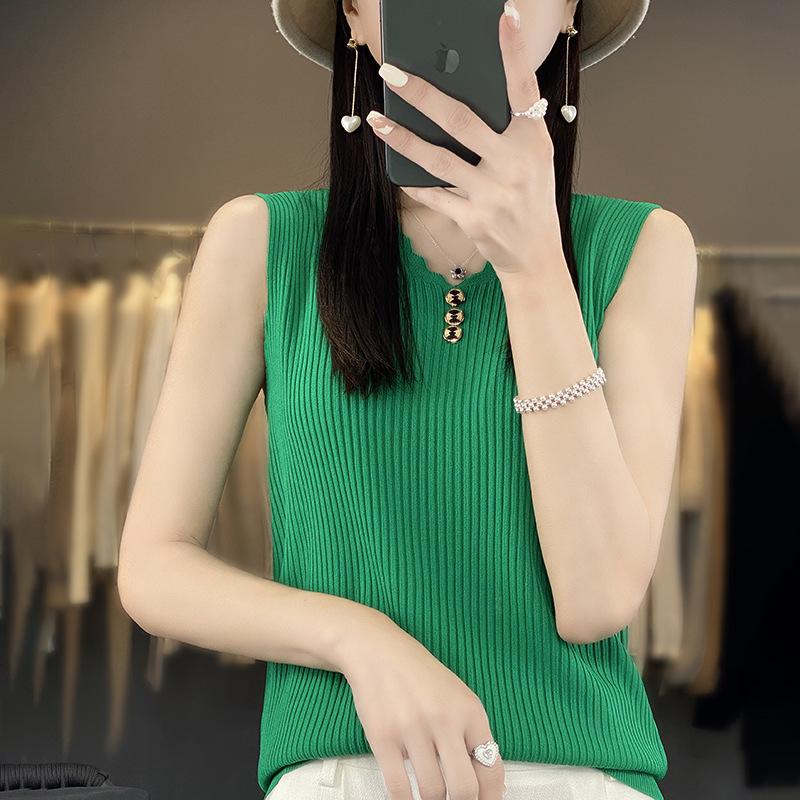 IHUASU Dámské letní tílko s výstřihem do V z ledového hedvábí, bez rukávů, pletené tričko, top, zakřivené korálky, slim, s krátkým rukávem, spodní topy