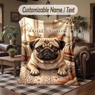 Pug Theme Throw Blanket Custom Name Text Personalized Blanket Soft Cozy Blanket for Home Sofa Bed