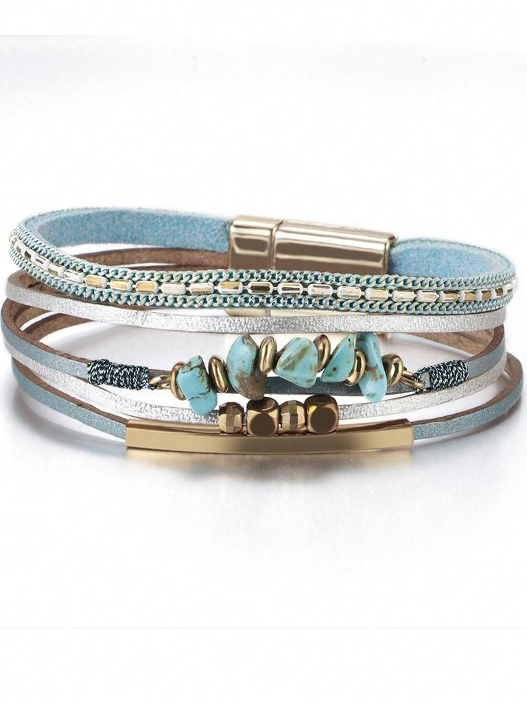 One Piece Europeisk och Amerikansk Stil Natursten Pärlstav Mässingsrör Design Kohudsläder Rep Kvinnor Grön Armband Sommar Strand