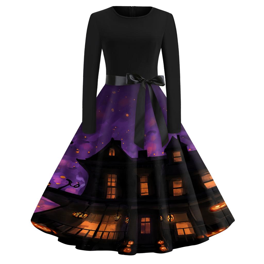 Women's Casual Long Sleeve Round Neck Vintage Halloween Print Midi Dress with Waist Tie Belt Retro Style