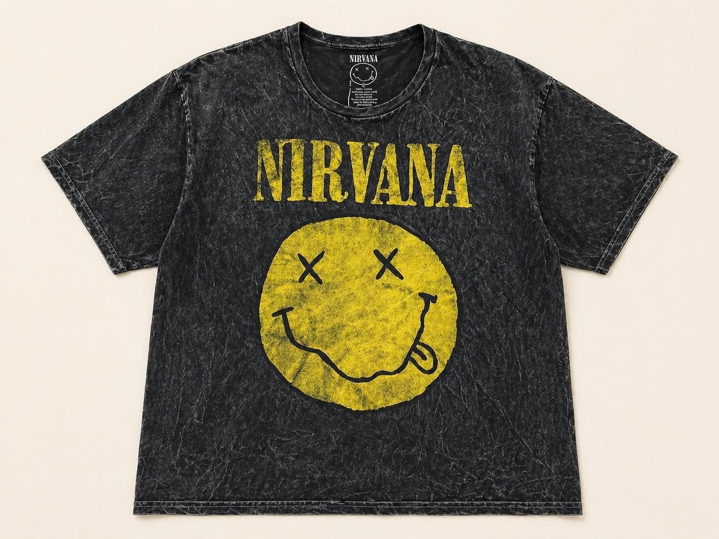 Y2K Nirvana Smiley Face Band Tee Acid Wash Grunge XL Oversized Unisex T-Shirt XXXL