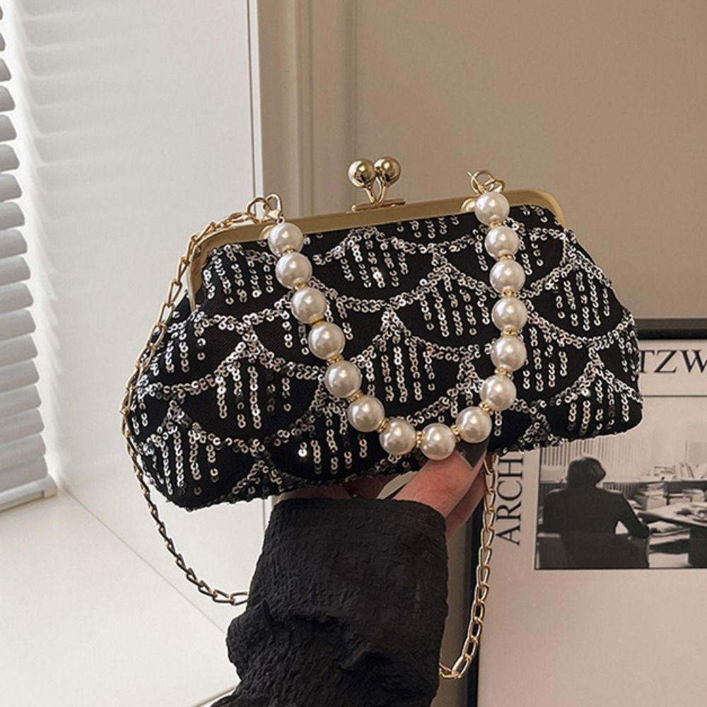 Casual Pearl Sequin Banquet Bag Kiss Lock Sweet Hanfu Clutch Bag Elegant with Handle Ladies Shell Bag Women