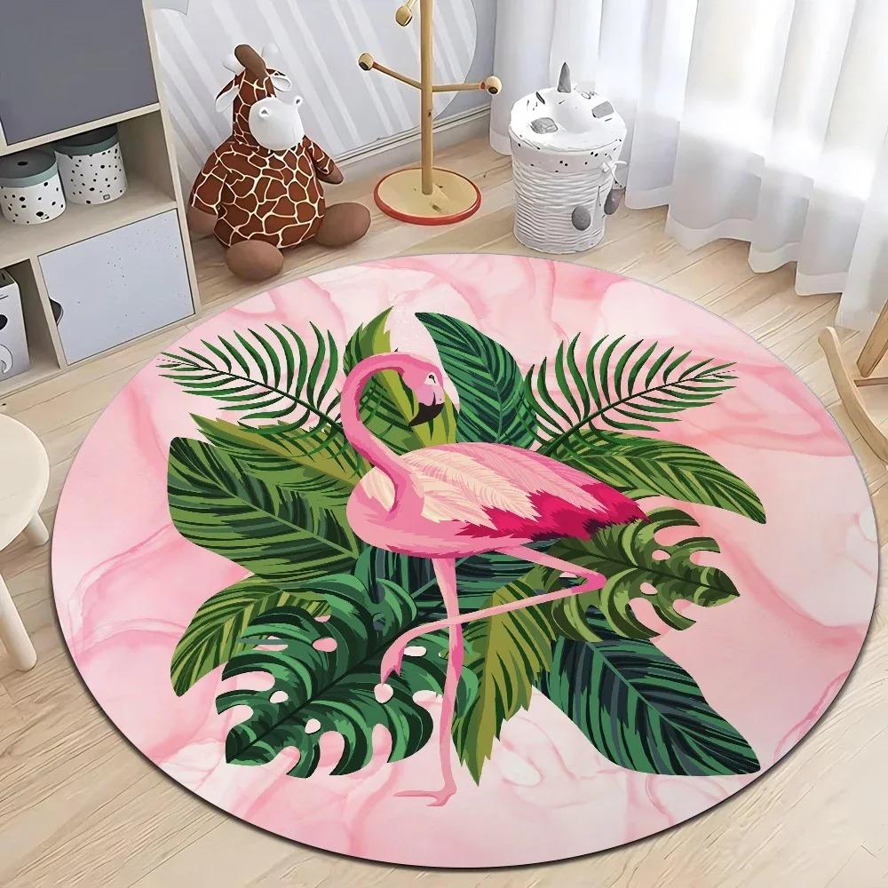 Pink Flamingo Round Rug Non-Slip Machine Washable Rug Home Decoration Bedroom Living Room Use