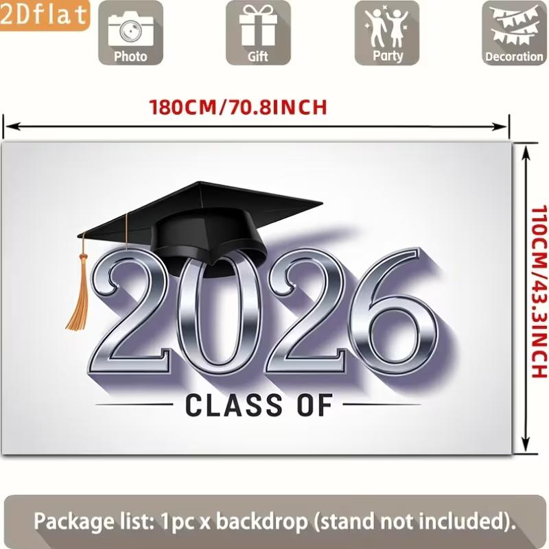 2D Class of 2026 Graduation Photography Backdrop Silver Metallic Number & Cap Party Background