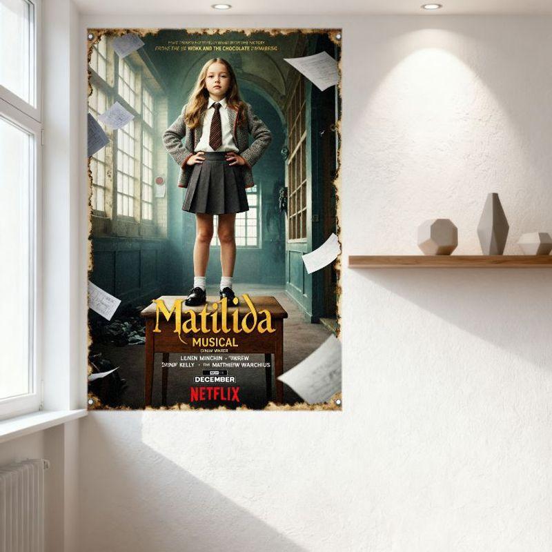 Matilda Musical Netflix Vintage School Hallway Tin Sign,Young Girl On Desk Paper Floating,Most Magical Musical Decade,Home Decor