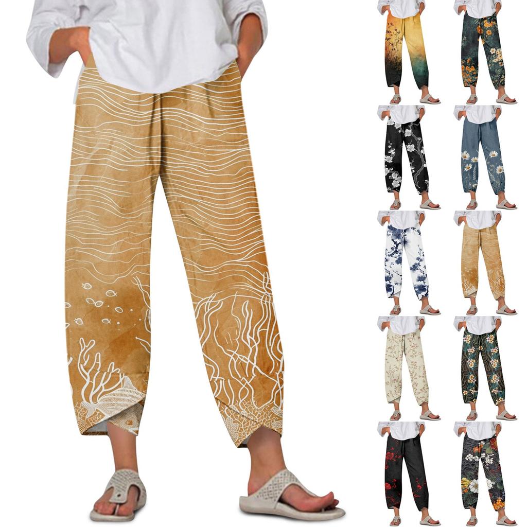 Damebukser Med Lommer Fritidsbukser Bukser For Kvinner Sommer Fritid Vide Ben Elastisk Livvidde Bukser Med Lommer