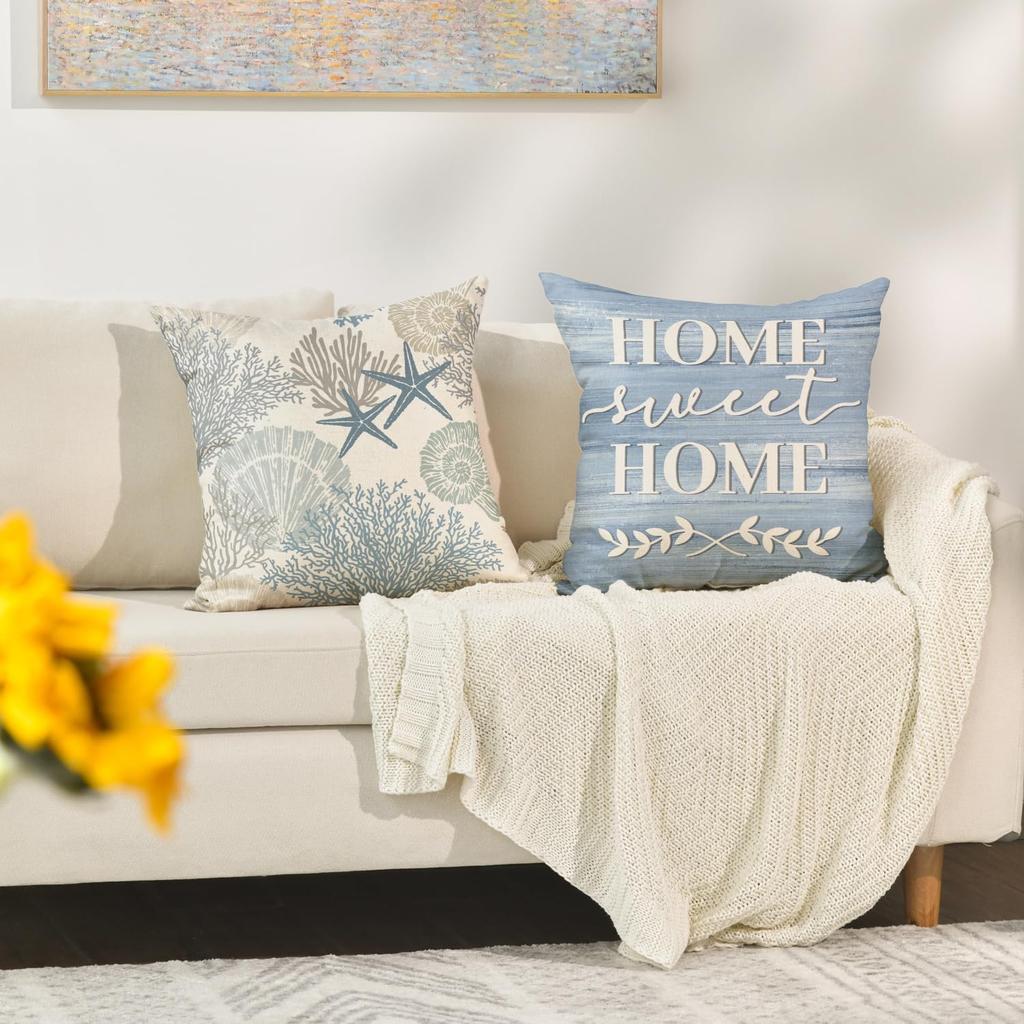 AVOIN Colorlife Summer Take Me To The Beach Coral Starfish Throw Pillow Covers, 18 X 18 Inch Home Sweet Home Motto Blue Cushion Case for Sofa Couch