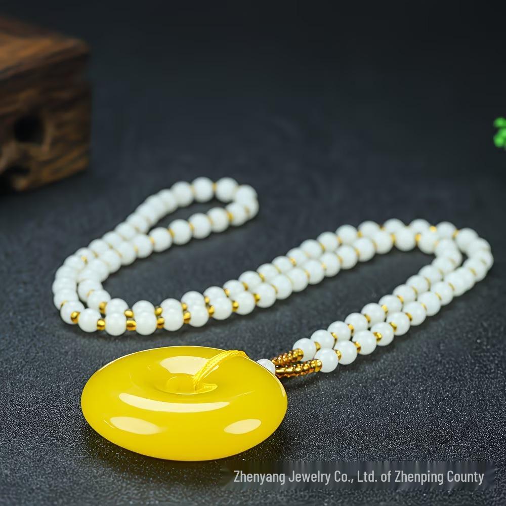 Live Beeswax Water Drop Pendant Necklace - Natural Chicken-Fat Yellow Peace Buckle (Ping'an Kou) Unisex Sweater Chain.