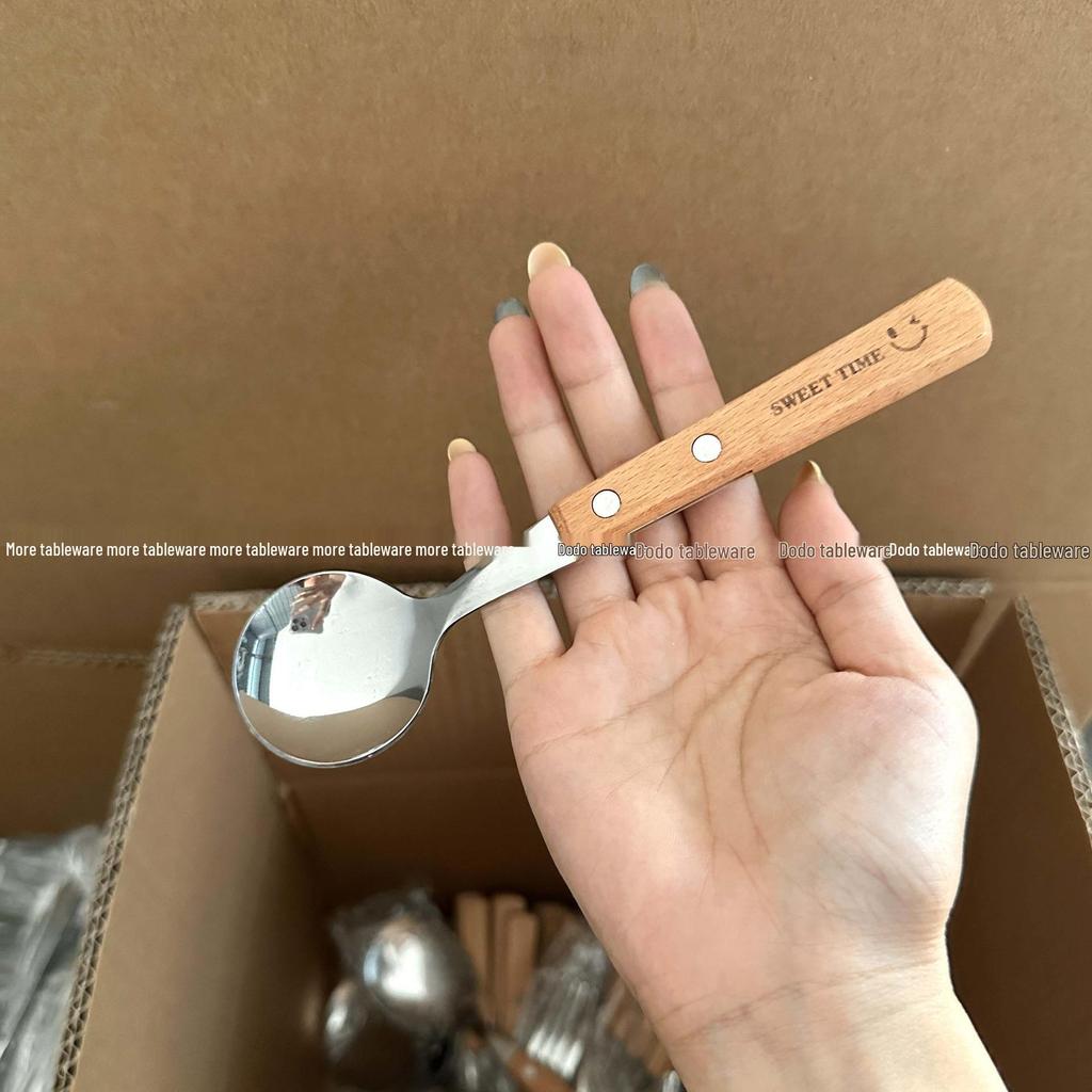 Stainless Steel Cutlery Set with Wood Handles and Smiley Logo - Knife, Fork, Spoon for Desserts and Dining.