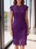 European & American Style Women's Lace Midi Dress - Round Neck, Short Sleeve, Elegant Temperament