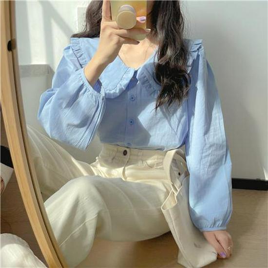 2024 Spring Fresh Doll Collar Loose Fit Long Sleeve Shirt for Women